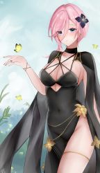 Rule 34 | 1girl, arm up, artist name, azur lane, bad id, bad pixiv id, black choker, black dress, black nails, blue eyes, blush, breasts, bug, butterfly, chinese commentary, choker, cleavage, closed mouth, collarbone, covered navel, dress, earrings, feet out of frame, flower, flower earrings, hair flower, hair ornament, highres, insect, jewelry, long hair, looking at viewer, medium breasts, nail polish, no panties, official alternate costume, pink hair, seydlitz (azur lane), seydlitz (floral liberation) (azur lane), simple background, solo, standing, thighs, winter eclipse, yellow butterfly