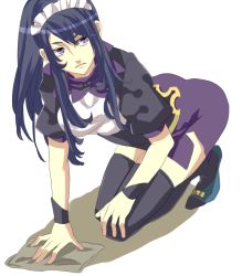 Rule 34 | 1girl, all fours, bent over, black hair, black thighhighs, breasts, cleaning, cosplay, female focus, frown, gender request, genderswap, high heels, large breasts, long hair, maid, maid headdress, ponytail, purple eyes, shoes, simple background, solo, tales of (series), tales of vesperia, thighhighs, white background, yuri lowell