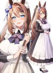 Rule 34 | 1girl, :d, alternate costume, animal ears, black dress, black footwear, blue eyes, blush, bow, bowtie, braid, breasts, broom, brown hair, commentary, dress, enmaided, frilled dress, frills, highres, holding, holding broom, horse ears, large breasts, long hair, looking back, maid, maid headdress, manya drhr, multiple views, open mouth, own hands together, purple bow, purple bowtie, shoes, simple background, single braid, smile, socks, standing, super creek (umamusume), umamusume, very long hair, white background, white socks