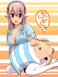 Rule 34 | 1girl, animal, blush, breasts, female focus, headphones, large breasts, long hair, looking at viewer, lowres, nitroplus, open mouth, pig, pink hair, potato (oriha94), red eyes, solo, super sonico, thighhighs