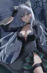 Rule 34 | 1girl, absurdres, animal ear fluff, animal ears, black choker, black dress, black gloves, blue archive, breasts, broken halo, cable, choker, cloud, cloudy sky, cross hair ornament, dark halo, dress, extra ears, gloves, grey hair, hair between eyes, hair ornament, halo, highres, hini ni, large breasts, long hair, long sleeves, mismatched pupils, shiroko (blue archive), shiroko terror (blue archive), sky, solo, thigh strap, thighs, utility pole, wolf ears