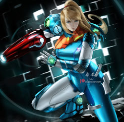Rule 34 | 1girl, arm cannon, armor, blonde hair, blue eyes, breasts, gun, highres, long hair, looking at viewer, metroid, metroid dread, mole, mole under mouth, nintendo, ponytail, power armor, power suit, samus aran, science fiction, solo, weapon, wei (promise 0820), zero suit
