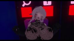 Rule 34 | 1girl, 3d, ahegao, animal ears, animated, belt, bouncing breasts, breasts, gloves, glowing, glowing eyes, grey hair, huge breasts, lace, lingerie, solo, tagme, thick thighs, thighs, underwear, video, vrchat, white hair, yellow eyes