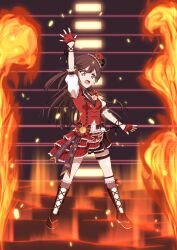 Rule 34 | 1girl, arm up, black footwear, black hair, black shorts, boots, breasts, chase! (love live!), commentary request, cross-laced footwear, fire, full body, gloves, grey eyes, half gloves, hat, highres, jacket, knee boots, layered skirt, long hair, looking at viewer, love live!, love live! nijigasaki high school idol club, medium breasts, mini hat, necktie, open mouth, puffy short sleeves, puffy sleeves, purple necktie, red gloves, red hat, red jacket, red skirt, shirt, short sleeves, shorts, skirt, solo, standing, tilted headwear, trance (imas7372), v-shaped eyebrows, white shirt, yuki setsuna (love live!)