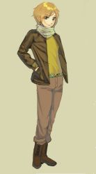 Rule 34 | 1girl, androgynous, belt, blonde hair, boots, brown jacket, brown pants, eve bolan, full body, hand in pocket, hani (isamu), jacket, pants, scarf, shirt, short hair, simple background, solo, spice and wolf, standing, white scarf, yellow shirt