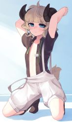 Rule 34 | 1girl, absurdres, animal ears, arms up, black footwear, black shirt, blonde hair, blue eyes, blunt bangs, boots, commentary, full body, goat ears, goat girl, goat horns, goat tail, highres, horizontal pupils, horns, kneeling, looking at viewer, name tag, neck ribbon, no bra, open clothes, open shirt, original, puffy shorts, shirt, short eyebrows, short hair, shorts, socks, solo, suspender shorts, suspenders, thick eyebrows, undone neck ribbon, white shorts, yoako