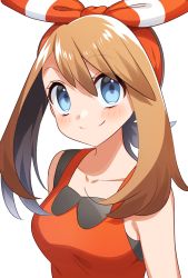 Rule 34 | 1girl, blue eyes, blush, bow, bow hairband, breasts, brown hair, closed mouth, collarbone, creatures (company), game freak, hair between eyes, hair bow, hairband, highres, long hair, looking at viewer, may (pokemon), medium breasts, nintendo, pokemon, pokemon oras, red hairband, red shirt, shirt, simple background, sleeveless, sleeveless shirt, smile, solo, striped, striped bow, twintails, upper body, white background, yuihico