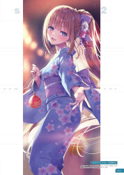 Rule 34 | 1girl, absurdres, blonde hair, blue eyes, blue kimono, blurry, blurry background, blush, bow, commentary request, fingernails, floral print, flower, frills, hair bow, hair ornament, highres, holding, japanese clothes, karuizawa kei, kimono, long hair, long sleeves, looking at viewer, obi, official art, open mouth, outstretched hand, page number, ponytail, sash, solo, tomose shunsaku, wide sleeves, youkoso jitsuryoku shijou shugi no kyoushitsu e