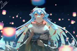 Rule 34 | 1girl, 2022, alternate costume, bao (vtuber), black background, blue hair, breasts, clenched hands, flower, grey kimono, hair flower, hair ornament, highres, indie virtual youtuber, japanese clothes, kimono, kuroi enpitsu, lantern, long hair, looking up, medium breasts, obi, parted lips, red eyes, red flower, sash, smile, solo, virtual youtuber