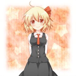Rule 34 | 1girl, arms behind back, blonde hair, blush, breasts, buttons, embodiment of scarlet devil, female focus, hair ribbon, kousa (black tea), looking at viewer, red eyes, ribbon, rumia, short hair, smile, solo, star (symbol), touhou