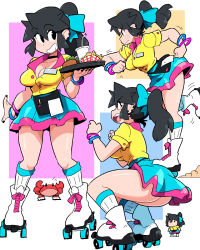 Rule 34 | 1girl, ass, black hair, blue bow, blue sky, bow, bracelet, breasts, cleavage, cup, food, french fries, hair bow, highres, hot dog, jewelry, leg up, long hair, lucia (scott malin), medium breasts, multiple views, original, ponytail, profile, roller skates, scott malin, shadow, shirt, shirt tucked in, short sleeves, skates, sky, socks, squatting, white footwear, white socks, yellow shirt