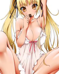 Rule 34 | 1girl, arm up, armpits, bare shoulders, black ribbon, blonde hair, blush, breasts, brown eyes, candy, chocolate, chocolate heart, cleavage, closed mouth, collarbone, dr rex, food, hair ribbon, head tilt, heart, holding, holding chocolate, holding food, large breasts, lingerie, long hair, negligee, original, ribbon, sidelocks, simple background, sitting, smile, solo, spread legs, strap slip, twintails, underwear, valentine, very long hair, white background