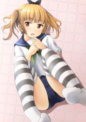 Rule 34 | 1girl, black ribbon, blonde hair, blue sailor collar, brown eyes, commentary request, green neckerchief, hair ribbon, hands up, highres, looking at viewer, lying, neckerchief, no pants, no shoes, old school swimsuit, on back, open mouth, original, own hands together, ribbon, sailor collar, school swimsuit, school uniform, serafuku, shibacha, shirt, short sleeves, sidelocks, soles, solo, striped clothes, striped thighhighs, swimsuit, swimsuit under clothes, thighhighs, twintails, white shirt