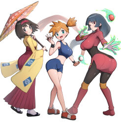 3girls absurdres aqua_eyes ass bike_shorts bikini bikini_shorts black_bodysuit black_hair blue_bikini blue_hair blunt_bangs blush bodysuit bodysuit_under_clothes breasts brown_hair butt_crack commentary_request creatures_(company) crop_top dark_blue_hair erika_(pokemon) full_body game_freak gameplay_mechanics gloves gonzarez hairband headband highres hime_cut holding holding_umbrella jacket japanese_clothes kimono large_breasts long_hair long_sleeves looking_at_viewer medium_breasts midriff misty_(pokemon) multiple_girls navel nintendo oil-paper_umbrella open_mouth pencil_skirt poke_ball poke_ball_(basic) pokemon pokemon_frlg pokemon_tcg pokemon_tcg_pocket red_eyes red_hairband red_jacket red_skirt red_umbrella sabrina_(pokemon) short_hair shorts side_slit simple_background skirt smile sports_bikini standing swimsuit teeth telekinesis thighs tongue tongue_out turtleneck turtleneck_jacket twisted_torso umbrella upper_teeth_only white_background white_gloves yellow_kimono