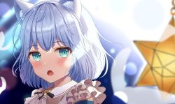 Rule 34 | 1girl, amai melo, animal ears, backlighting, bang dream!, black ribbon, blue eyes, blurry, blurry background, blurry foreground, blush, cat ears, cat girl, dot nose, fang, frills, kurata mashiro, looking at viewer, open mouth, portrait, ribbon, short hair, silver hair, small stellated dodecahedron, solo, upper body