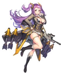 Rule 34 | 1girl, bikini, bikini top only, blouse, boots, breasts, cleavage, coat, fang, full body, game cg, grin, highres, large breasts, last origin, long hair, looking at viewer, official art, open clothes, open shirt, paintale, purple eyes, purple hair, shirt, short shorts, shorts, smile, solo, swimsuit, sylphid (last origin), tachi-e, transparent background, twintails, two side up
