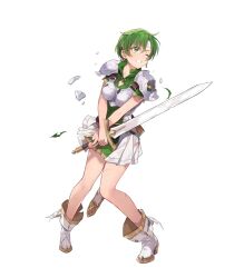 Rule 34 | 1girl, armor, belt, boots, breastplate, broken, broken armor, broken sword, broken weapon, clenched teeth, dress, earrings, fee (fire emblem), fire emblem, fire emblem: genealogy of the holy war, fire emblem heroes, full body, gold trim, green eyes, grey hair, headband, highres, holding, holding sword, holding weapon, jewelry, nintendo, non-web source, official art, one eye closed, parted lips, sheath, sheathed, short dress, short hair, short sleeves, shoulder armor, solo, sword, teeth, torn clothes, transparent background, weapon, yuko (uc yuk)