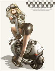 Rule 34 | 1girl, ass, bent over, black skirt, blonde hair, full body, gloves, goggles, goggles on head, jacket, juno jeong, leaning forward, license plate, long hair, looking at viewer, looking back, miniskirt, monkey bike, motor vehicle, non-web source, noped, pencil skirt, shiny clothes, simple background, skirt, socks, solo, vehicle, white socks