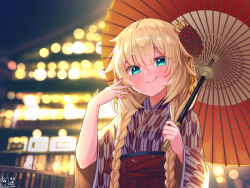 Rule 34 | 1girl, akai haato, aqua eyes, blonde hair, blue eyes, blush, braid, commentary request, eyes visible through hair, fingernails, flower, hair flower, hair ornament, hands up, highres, holding, holding umbrella, hololive, japanese clothes, kimono, long hair, long sleeves, looking at viewer, magowasabi, multicolored clothes, multicolored kimono, nail polish, night, obi, oil-paper umbrella, red flower, red kimono, red nails, red sash, sash, signature, smile, solo, twin braids, twintails, twitter username, umbrella, virtual youtuber, white kimono, wide sleeves