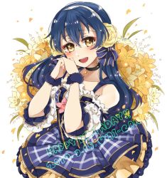Rule 34 | 1girl, bad id, bad twitter id, birthday, blue dress, blue hair, blush, character name, choker, commentary request, dated, detached sleeves, dress, flower, hair between eyes, hair flower, hair ornament, hair ribbon, hand up, happy birthday, long hair, looking at viewer, love live!, love live! school idol festival, love live! school idol project, open mouth, plaid, plaid skirt, pleated dress, pleated skirt, purin (purin0), ribbon, scrunchie, skirt, smile, solo, sonoda umi, striped, wrist scrunchie