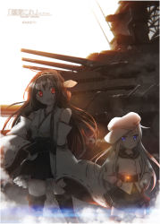 Rule 34 | 10s, 2girls, backlighting, bare shoulders, black legwear, blue eyes, blush, boots, brown hair, cruiser, detached sleeves, double bun, hair ornament, hairband, hammer and sickle, hands on own hips, hat, headgear, hibiki (kancolle), highres, japanese clothes, kantai collection, kongou (kancolle), long hair, marui-kun, military, military vehicle, multiple girls, nontraditional miko, open mouth, personification, pleated skirt, red eyes, school uniform, serafuku, ship, skirt, smile, thigh boots, thighhighs, verniy (kancolle), warship, watercraft, white hair, zettai ryouiki
