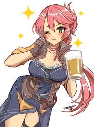 1girl alcohol beer belt black_gloves blush breasts cleavage collarbone cup eiyuu_densetsu gloves holding holding_cup index_finger_raised kamaniki large_breasts long_hair looking_at_viewer one_eye_closed parted_lips pink_hair sara_valestein sen_no_kiseki sen_no_kiseki_(series) sen_no_kiseki_iii simple_background smile solo sparkle standing white_background yellow_eyes