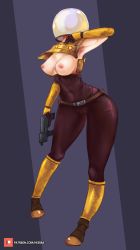 Rule 34 | 1girl, armpits, belt, boots, breasts, commando (risk of rain), full body, gloves, gun, helmet, highres, nipples, risk of rain, risk of rain (series), shin guards, skin tight, solo, space helmet, standing, tagme, velminth, weapon