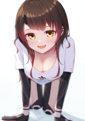 Rule 34 | 1girl, all fours, blurry, blush, breasts, brown hair, cleavage, commentary, cyborg, depth of field, ear piercing, fang, full body, highres, hololive, long hair, looking at viewer, mechanical arms, medium breasts, multicolored hair, open mouth, piercing, red hair, roboco-san, roboco-san (high-spec t-shirt), shirt, short sleeves, simple background, smile, solo, streaked hair, t-shirt, two-tone hair, typho, virtual youtuber, white background, white shirt, yellow eyes
