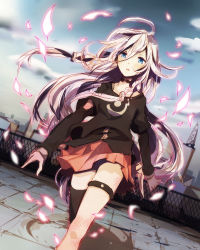 Rule 34 | 1girl, ahoge, bare shoulders, blue eyes, braid, dutch angle, glowing, glowing petals, highres, ia (vocaloid), long hair, off shoulder, open mouth, outdoors, petals, pink hair, single thighhigh, skirt, solo, sotsunaku, thigh strap, thighhighs, twin braids, very long hair, vocaloid