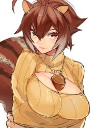 Rule 34 | 1girl, acorn, animal ears, arc system works, between breasts, blazblue, breast hold, breasts, brown eyes, brown hair, cleavage, cleavage cutout, clothing cutout, female focus, jewelry, large breasts, looking at viewer, makoto nanaya, meme attire, multicolored hair, necklace, open-chest sweater, orange shirt, seductive smile, sexually suggestive, shirt, smile, solo, squirrel ears, squirrel tail, sweater, tail, tomo (tomorag7), two-tone hair, upper body