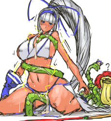 Rule 34 | 1girl, ?, between breasts, bikini, blue eyes, blue gloves, blunt bangs, breasts, champuru, chibi, chibi inset, crossover, cum, cunnilingus, cunnilingus through clothes, dragon quest, electricity, gloves, grabbing, grabbing another&#039;s breast, hair ribbon, hairband, highres, huge breasts, kneeling, long hair, majikina mina, midriff, monster, nameo (judgemasterkou), navel, oral, plant, ponytail, restrained, ribbon, rose butler, samurai spirits, showgirl skirt, sideboob, silver hair, single glove, snk, solo, solo focus, sweat, swimsuit, tan, tentacles, very long hair, vines