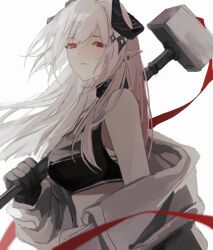 Rule 34 | 1girl, arknights, backlighting, black gloves, black sports bra, breasts, commentary request, demon girl, demon horns, earrings, expressionless, gloves, grey hair, grey jumpsuit, hair ornament, hammer, highres, holding, holding hammer, horns, jewelry, jumpsuit, kkeom, korean commentary, large breasts, light frown, looking at viewer, mudrock (arknights), mudrock (elite ii) (arknights), open jumpsuit, pink hair, pointy ears, red ribbon, ribbon, simple background, solo, sports bra, white background