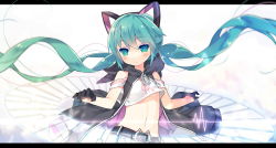 Rule 34 | 1girl, belt, floating hair, gloves, green eyes, green hair, hatsune miku, highres, letterboxed, long hair, matching hair/eyes, saru, solo, twintails, very long hair, vocaloid
