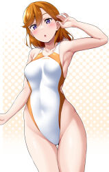 Rule 34 | 1girl, :o, arm up, armpits, bare arms, bare legs, blush, breasts, collarbone, commentary request, competition swimsuit, hair between eyes, highleg, highleg swimsuit, highres, long hair, looking at viewer, love live!, love live! superstar!!, one-piece swimsuit, open mouth, orange hair, polka dot, polka dot background, purple eyes, shibuya kanon, small breasts, solo, swimsuit, two-tone swimsuit, yopparai oni