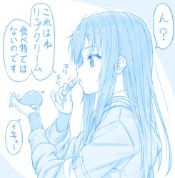 Rule 34 | 1girl, 1other, abyssal ship, arm warmers, asashio (kancolle), blue theme, from side, gotou hisashi, heart, holding, i-class destroyer, kantai collection, kuchiku i-kyuu, lip balm, long hair, long sleeves, motion lines, speech bubble, translated, upper body