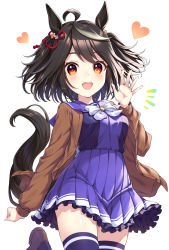 Rule 34 | 1girl, :d, ahoge, animal ears, black hair, blush, bow, breasts, brown footwear, brown jacket, commentary request, hand up, heart, highres, horse ears, horse girl, horse tail, jacket, kitasan black (umamusume), long sleeves, looking at viewer, medium breasts, multicolored hair, notice lines, open clothes, open jacket, open mouth, pleated skirt, puffy long sleeves, puffy sleeves, purple shirt, purple skirt, purple thighhighs, red eyes, school uniform, shirt, shoes, simple background, skirt, smile, solo, standing, standing on one leg, streaked hair, tail, teeth, thighhighs, tomo (tmtm mf mf), tracen school uniform, two side up, umamusume, upper teeth only, white background, white bow, white hair