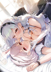 Rule 34 | azur lane, black dress, breast press, breasts, cleavage, collar, dress, elbow gloves, gloves, grey hair, highres, imo bouya, incest, lace, lace-trimmed gloves, lace trim, large breasts, long hair, looking at viewer, lying, lying on person, metal collar, on back, red eyes, scylla (azur lane), short hair, siblings, sirius (azur lane), sisters, symmetrical docking, white gloves, white hair, yuri