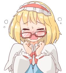 Rule 34 | 1girl, alice margatroid, arnest, bespectacled, blonde hair, blush, bow, bowtie, capelet, clenched hands, closed eyes, commentary request, flying teardrops, frilled hairband, frills, glasses, hairband, hands up, lolita hairband, long sleeves, nose blush, open mouth, puffy sleeves, red-framed eyewear, red bow, red bowtie, red hairband, shirt, short hair, simple background, solo, tears, touhou, upper body, white background, white capelet, white shirt, wing collar