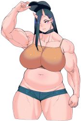 Rule 34 | 1girl, arm up, belly, biceps, black choker, black hair, black hat, breasts, choker, cleavage, collarbone, cowboy shot, crop top, cropped legs, earrings, elf-san wa yaserarenai., hair over one eye, hat, highres, horns, huge breasts, jewelry, muscular, muscular female, navel, oga (elf-san wa yaserarenai.), pointy ears, shirt, short shorts, shorts, simple background, sleeveless, sleeveless shirt, slit pupils, solo, spaghetti strap, synecdoche, thick thighs, thighs, unworn hat, unworn headwear, white background, yellow shirt