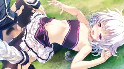 Rule 34 | 1boy, 1girl, bandeau, bare arms, black bandeau, blush, braid, breasts, censored, clothes lift, collarbone, day, game cg, grass, hetero, iris krug, long hair, long sleeves, male pubic hair, midriff, miniskirt, mizunezumi, mosaic censoring, navel, open mouth, outdoors, pantyhose, penis, pleated skirt, pubic hair, re;lord dai san shou, red eyes, sex, single braid, skirt, skirt lift, small breasts, solo focus, spread legs, stomach, torn clothes, torn pantyhose, vaginal, white hair, white skirt
