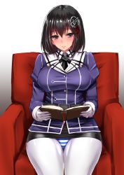 Rule 34 | 10s, 1girl, alternate legwear, armchair, belt, black hair, black ribbon, black skirt, blush, book, breasts, brown eyes, chair, closed mouth, cowboy shot, eyebrows, gloves, gradient background, haguro (kancolle), haguro kai ni (kancolle), hair between eyes, hair ornament, holding, holding book, ishimiso (ishimura), kantai collection, large breasts, long sleeves, looking at viewer, miniskirt, neck ribbon, open book, panties, panties over pantyhose, pantyhose, pantyshot, pencil skirt, reading, ribbon, short hair, sitting, skirt, solo, striped clothes, striped panties, thighhighs, underwear, white background, white gloves