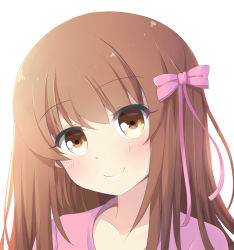 Rule 34 | 1girl, blush, bow, brown eyes, brown hair, closed mouth, collarbone, commentary, hair between eyes, hair bow, head tilt, ikazu401, long hair, looking at viewer, original, pink bow, pink ribbon, pink shirt, portrait, ribbon, shirt, simple background, smile, solo, white background