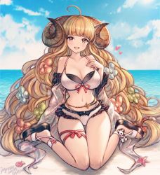 Rule 34 | 1girl, absurdres, ahoge, anila (granblue fantasy), anila (summer) (granblue fantasy), beach, bikini, blonde hair, blue sky, blunt bangs, breasts, cleavage, cloud, collarbone, commentary request, curled horns, day, draph, full body, granblue fantasy, highres, horns, huge filesize, large breasts, long hair, looking at viewer, mirukurim, navel, ocean, open mouth, outdoors, sand, sandals, sheep horns, shell, sitting, sky, smile, solo, swimsuit, thick eyebrows, twitter username, very long hair, white bikini, yellow eyes