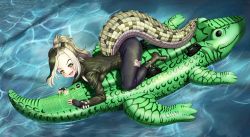 Rule 34 | 1girl, absurdres, afloat, asymmetrical hair, black gloves, black pants, blush, boots, clothing cutout, collared jacket, commission, crocodilian tail, derivative work, eyeshadow, fangs, fingerless gloves, from above, from side, full body, gloves, green eyes, green footwear, green hair, green jacket, high ponytail, highres, jacket, kemono friends, long hair, long sleeves, looking at viewer, lying, makeup, neukkom, on stomach, open mouth, pants, photo-referenced, saltwater crocodile (kemono friends), slit pupils, smile, solo, spikes, tail, tail through clothes, torn clothes, torn pants, water