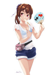 Rule 34 | 1girl, animal print, artist name, blue shorts, bra, breasts, brown hair, cleavage, collar tug, collarbone, cowboy shot, eiri su, hand fan, fanny pack, fish print, food, goldfish print, head tilt, holding, holding fan, looking away, mouth hold, original, ponytail, popsicle, red eyes, see-through, shirt, short sleeves, shorts, signature, simple background, small breasts, solo, underwear, white background, white shirt