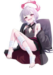 Rule 34 | 1girl, absurdres, ass, bandaged arm, bandaged foot, bandaged leg, bandages, bare shoulders, bell, black nails, blue archive, blush, breasts, detached sleeves, feet, fingernails, gauze, gauze on cheek, gompu, grey hair, grey sleeves, halo, highres, japanese clothes, jingle bell, knees together feet apart, knees up, long hair, looking at viewer, nail polish, open mouth, red eyes, red halo, shuro (blue archive), simple background, small breasts, smile, solo, spread toes, toenail polish, toenails, toes, white background