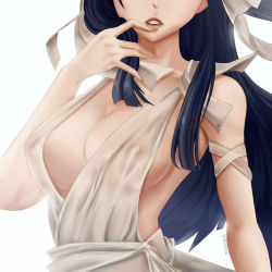Rule 34 | 1girl, bare shoulders, black hair, breasts, curvy, fairy tail, female focus, kurotama (nicksor), large breasts, long hair, nipples, parted lips, red lips, see-through, simple background, solo, ultear milkovich, upper body