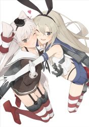 Rule 34 | 10s, 2girls, amatsukaze (kancolle), anchor hair ornament, blonde hair, brown eyes, collarbone, elbow gloves, flat chest, garter straps, gloves, hair ornament, hairband, hayashi kewi, kantai collection, long hair, multiple girls, one eye closed, rudder footwear, shimakaze (kancolle), silver hair, skirt, smile, striped clothes, striped legwear, striped thighhighs, thighhighs, thong, two side up, zettai ryouiki
