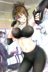 Rule 34 | 2girls, bike shorts, black bra, black gloves, black shorts, blue jacket, bra, breasts, brown hair, cleavage, collarbone, elbow gloves, glasses, gloves, gun, highres, holding, holding gun, holding weapon, jacket, kisaragi chitose, large breasts, midriff, multiple girls, navel, nine (super robot wars), purple eyes, rainier (1976636922), red eyes, shorts, silver hair, solo focus, sparkle, sports bra, super robot wars, super robot wars v, sweat, tehepero, tongue, tongue out, track jacket, treadmill, twintails, underwear, v-shaped eyebrows, weapon