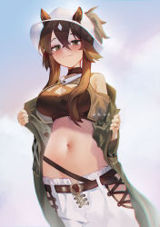 Rule 34 | 1girl, absurdres, animal ears, arknights, belt, black belt, black choker, black shirt, blue background, blush, breasts, brown hair, choker, cleavage, cleavage cutout, clothing cutout, commentary, cowboy shot, crop top, cropped shirt, ears through headwear, green eyes, green jacket, hair between eyes, hair through headwear, hat, highres, horse ears, jacket, kani fish, large breasts, long hair, looking at viewer, meteor (arknights), meteor (bard&#039;s holiday) (arknights), midriff, navel, official alternate costume, open clothes, open jacket, ponytail, shirt, sidelocks, skirt, smile, solo, white hat, white skirt